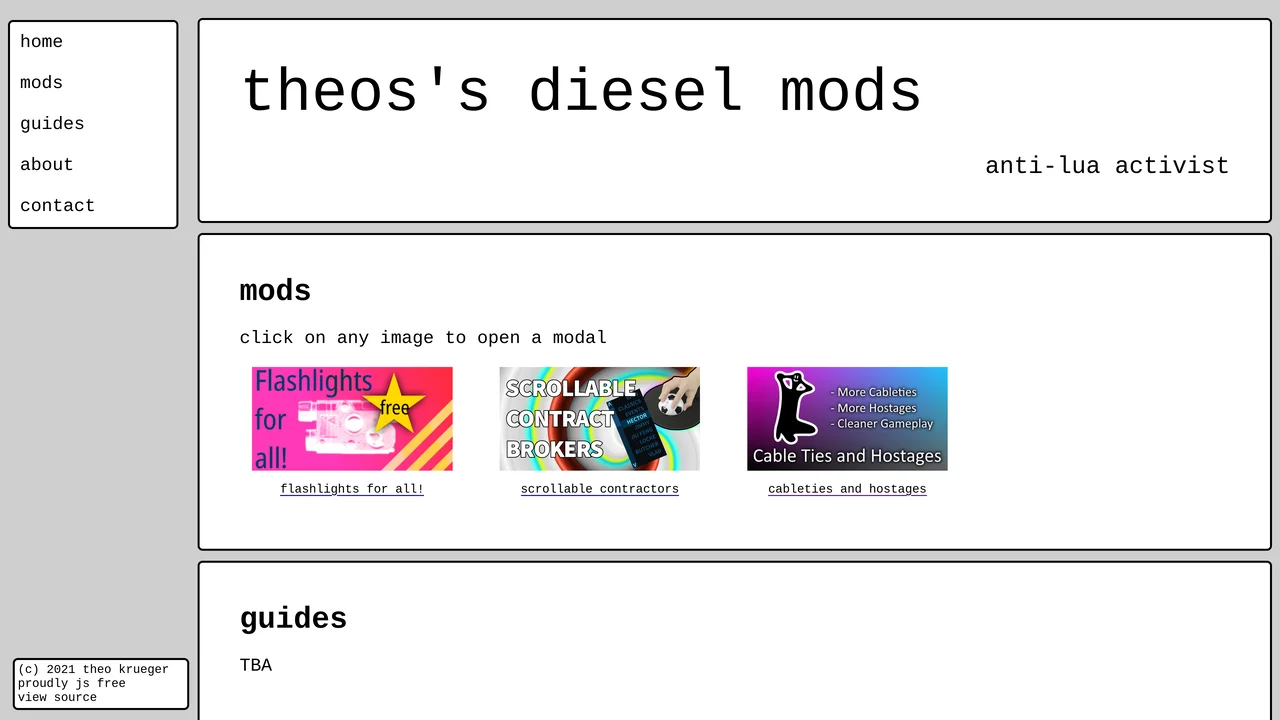 An image depicting a revision of this website in 2021. It has a grey background, black borders on elements, and a white foreground. It focuses on being a mod portfolio, with monospace text and large bold headings. Each mod has a colorful image thumbnail and centered title underneath. There is room for four entries per line.