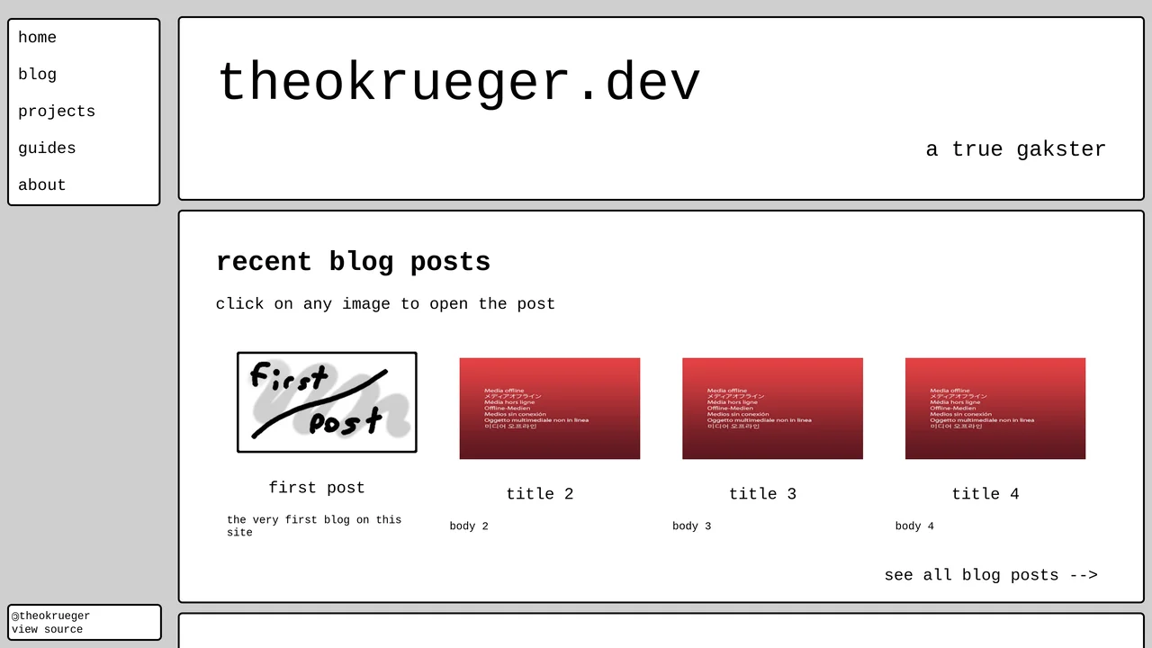 An image depicting a revision of this website in 2022. It is similar to the 2021 revision, but foregoes the focus on mods and focuses on a blog format. Posts now have a short description, and the design is slightly more refined in general.